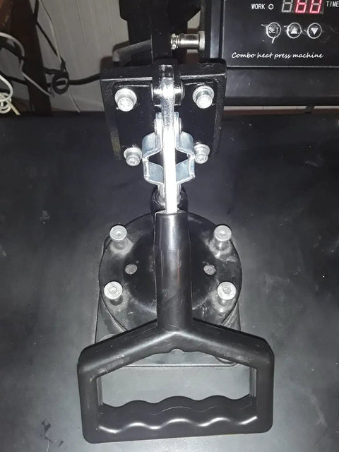 Top view of ergonomic heat press handle fixture replacement for heat press machine carbon steel construction up to 386kg clamp.