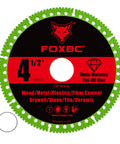 Front view of FOXBC 4-1/2 in multi-material cut-off disc for angle grinders, 7/8 in arbor; green segmented edge, 3-pack.