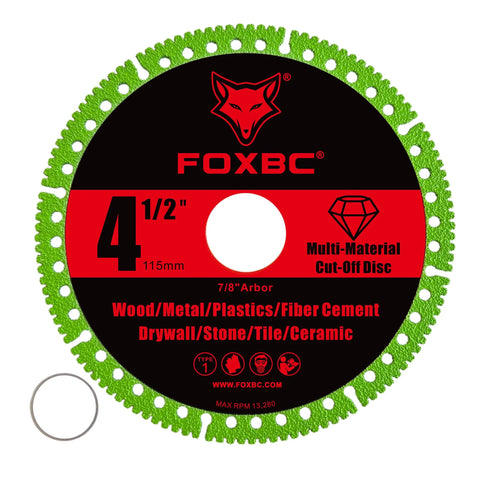 Front view of FOXBC 4-1/2 in multi-material cut-off disc for angle grinders, 7/8 in arbor; green segmented edge, 3-pack.