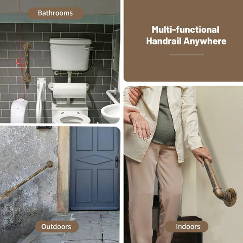Heavy Duty Industrial Staircase Handrails 3 Ft Galvanized Pipe installed in bathrooms, outdoors, and indoors for secure grip and safety.