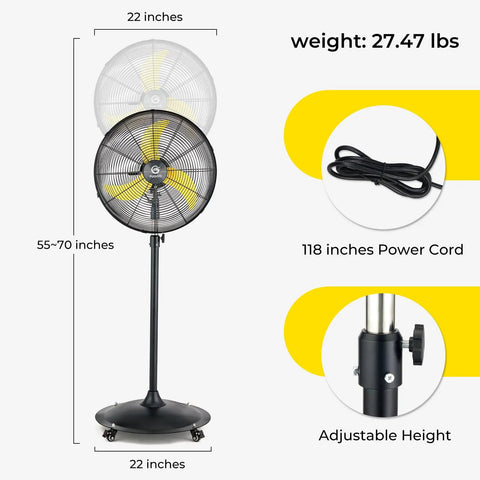 20 Inch Outdoor Quiet Oscillating Pedestal Fan With Brushless DC Motor, 4 Speed, showing dimensions, power cord, and adjustable height