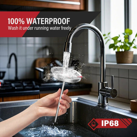 Analog Probe Meat Thermometer Two Pack No Batteries Needed 2.5 Inch Extra Large Dial 120 To 220 F Range NSF Certified being washed under water