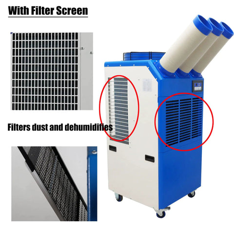 Rock Solid 220V Portable Air Conditioner With 22000 Btu Cooling Power showing filter screens and cooling exhausts for efficient air control.