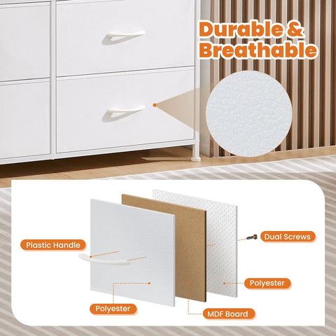 Versatile Fabric Dresser With 8 Bin Chest Organizer showing plastic handle, breathable polyester, MDF board, and dual screws