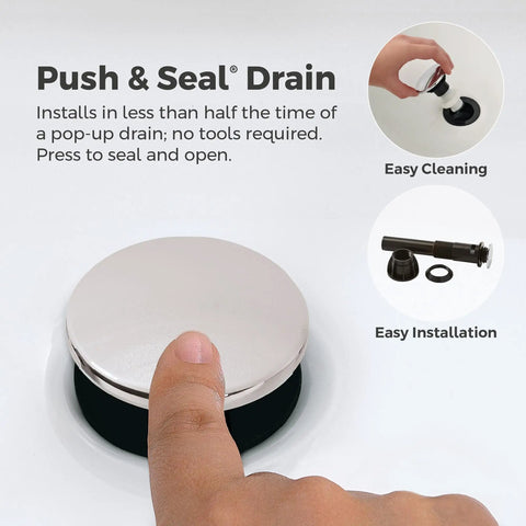Demonstration of Push & Seal drain with finger pressing on Weller Single Handle Bathroom Sink Faucet In Polished Chrome With Push And Seal Drain And Pforever Seal Ceramic Disc Technology Fits 1 Hole Or 3 Hole Vanities Easy DIY Install Durable One Handle Vanity Faucet.