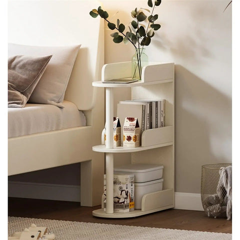 Space Saving Solid Wood Floor Book Shelf With Narrow Seam Design For Living Room Or Office, multi layer storage, corner view.