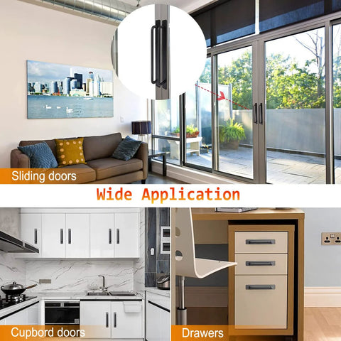 Self Adhesive Cabinet Handles 2 Pack Aluminum Alloy Push Pull Handles shown on sliding doors, cupboards, and drawers