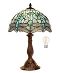 Dragonfly Tiffany Style Table Lamp With Stained Glass Shade, Bronze Base, 18 Inch Tall Bedside And Desk Light, LED Bulb Included
