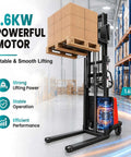 Heavy Duty 3300 Lbs Semi Electric Pallet Stacker And Narrow Pallet Jack For Tight Aisles with 1.6kW motor lifting pallets in a warehouse.