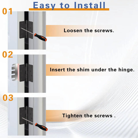 Installation steps using Stainless Steel Door Hinge Shims 4 Inch 16 Pack For No Fuss Easy Door Repair And Fixing Sticking Gaps Quick Install
