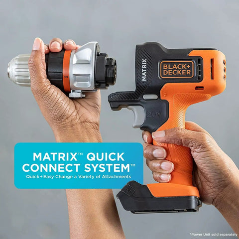 Hands holding 20V Max Matrix Cordless Drill And Driver Kit With Battery Included, Quick Connect System component.