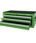 Front view of Beefy Three Drawer Portable Metal Tool Chest Built Heavy Duty With Ball Bearing Slides And Central Cam Lock 26 Inch Middle Cabinet Steel Tool Storage Box Organizer In Green