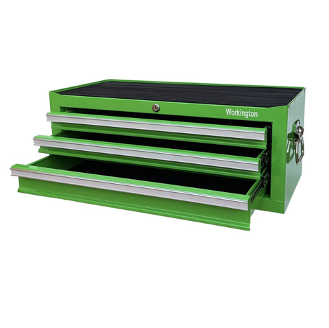 Front view of Beefy Three Drawer Portable Metal Tool Chest Built Heavy Duty With Ball Bearing Slides And Central Cam Lock 26 Inch Middle Cabinet Steel Tool Storage Box Organizer In Green