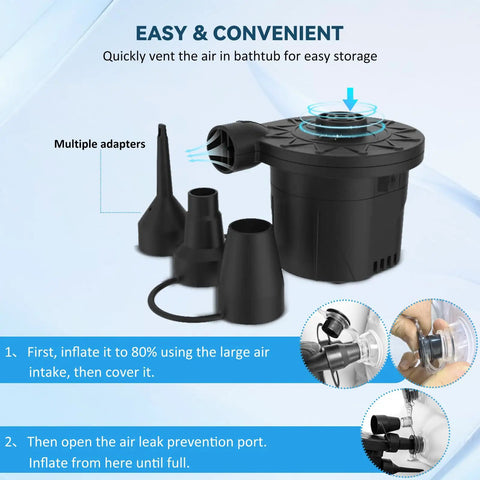 Heavy Duty Inflatable Bedside Shower Bath Kit Made From Medical Grade PVC showing air vent with multiple adapters for easy storage.