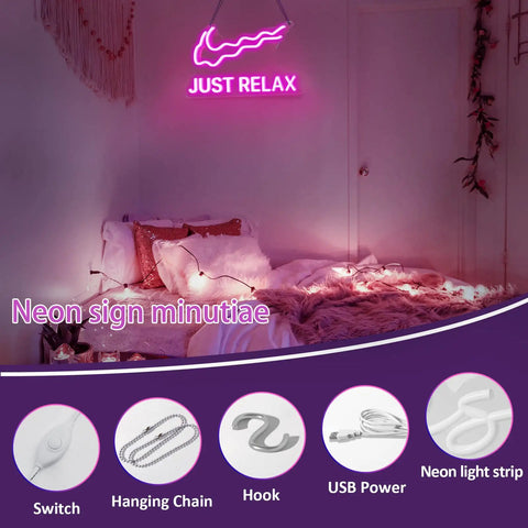 Bedroom with Just Relax Pink LED Neon Sign for Wall Decor Bedroom Game Room Party Bar USB Powered With Dimmable Switch, cozy ambiance