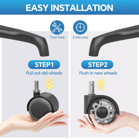 Step-by-step guide for replacing Heavy Duty 2 Inch Office Chair Wheels Set Of 5 Universal Fit Rubber Casters with 7/16 By 7/8 Inch Stem.