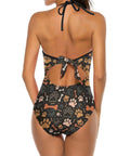 Back view of One Piece Swimsuit For Women Retro Dog Paw Bone Print High Waist Wrap Design Yacht Ready Beachwear