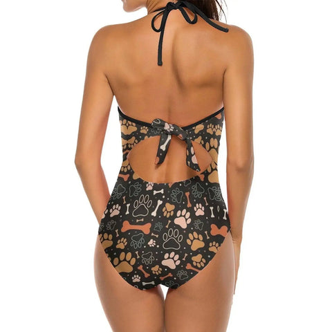 Back view of One Piece Swimsuit For Women Retro Dog Paw Bone Print High Waist Wrap Design Yacht Ready Beachwear