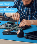 Person using Anti Static Mat Kit For Electronics Workbench, 2 Pack Heat Resistant ESD Mats with Wrist Straps on workbench