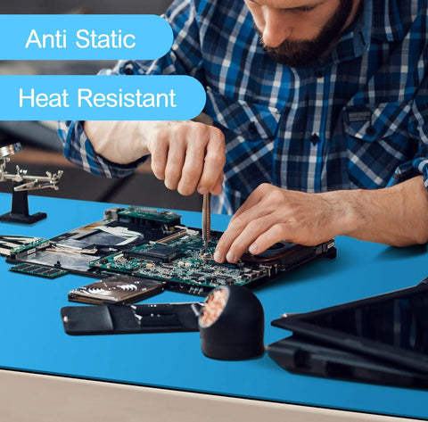 Person using Anti Static Mat Kit For Electronics Workbench, 2 Pack Heat Resistant ESD Mats with Wrist Straps on workbench