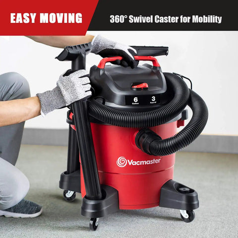 Workhorse Portable Wet Dry Vacuum For Home And Shop, 6 Gallon Tank, 3 Peak HP Motor, 360 Degree Swivel Casters shown in use