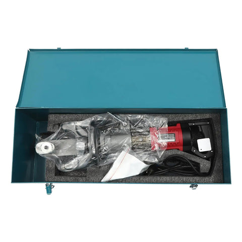 Inside a teal box, a new 1150W Hydraulic Electric Rebar Bender showing compact design for handling 4-25mm steel rods.