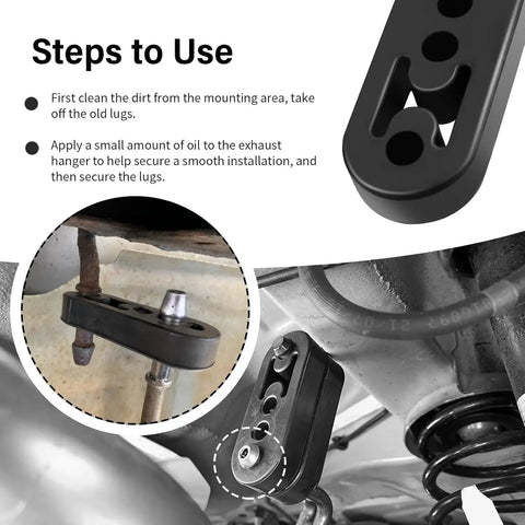 Heavy Duty Rubber Exhaust Hanger Kit 8 Pieces With 4 Hole Adjustable Muffler Hangers installation instructions shown
