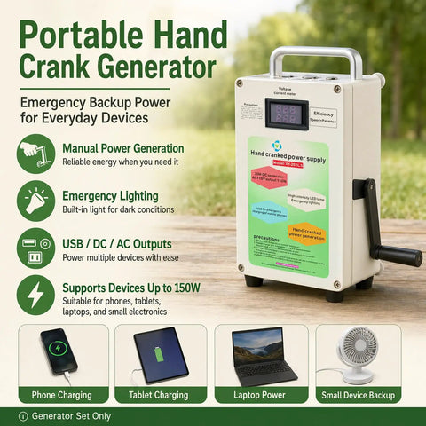 Portable hand crank generator with USB DC AC outputs for off grid power on the go; supports up to 150W emergency backup.