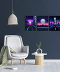 Neon Cyberpunk City Wall Art Set, 3 Panels, 12x16 Inches, Teen Boy Room Decor, retro cars, neon suburbs, 80s landscape canvas