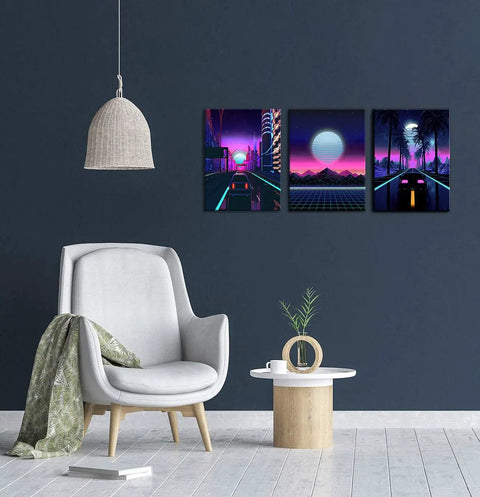 Neon Cyberpunk City Wall Art Set, 3 Panels, 12x16 Inches, Teen Boy Room Decor, retro cars, neon suburbs, 80s landscape canvas