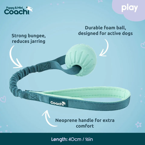 Mini Tuggi Ball Dog Toy with Stretchy Bungee Handle, lightweight durable foam ball for small dogs and puppies, 40cm length.