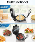Image of 1200W Electric Roti Maker Automatically Presses Chapati Naan And Tortillas Fast Flatbread Cooker with opened lid showing flatbread.