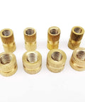 Premium Solid Brass Metric Thread Inserts In M2 Through M8 Sizes for repairing wood and plastic projects, showing eight inserts.