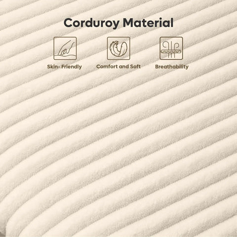 Close-up of beige corduroy material highlighting soft texture features for the Ultimate Cozy Queen Size Bed Frame Crafted From Plush Beige Corduroy Upholstery With Hidden Storage Headboard Ambient Led Strip Lights To Level Up Your Sleep Game And Create That Perfect Chill Vibe For Your Master Suite.