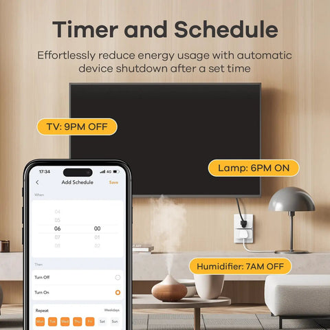 Matter Smart Plug With Easy Setup That Works With Apple Home Siri Alexa Google SmartThings 15 Amp 1800 Watt Smart Outlet shown in use with a TV and lamp, displaying schedule on a smartphone.