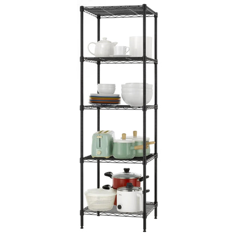 Heavy Duty 5 Tier Wire Shelving Unit 18 By 18 By 59 Inches Sturdy Metal Storage Rack With Thick Steel Tubes NSF Certified Black holding kitchenware.