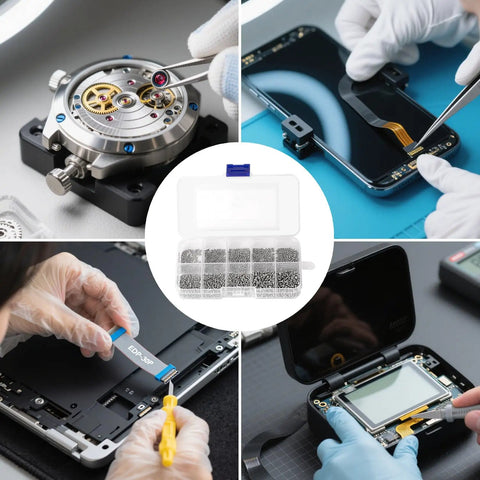 Ultra Handy 1200-Piece Mini Screw Kit for Electronics and Watches repair, featuring tiny Phillips self-tapping screws in nickel-plated steel.