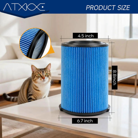 Vf5000 Replacement Filter for 5-20 Gallon Wet Dry Vacuums 2 Pack with 4 Foam Sleeves and 1 Brush, filter dimensions shown with cat.