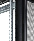Heavy Duty 22U Network Server Rack Cabinet Ready To Roll With Pre Assembled Vented Doors And Thumb Locks For Serious Computer And Tech Gear Setup Black solid build showing smooth rail system and interior detail.