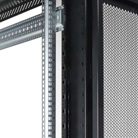 Heavy Duty 22U Network Server Rack Cabinet Ready To Roll With Pre Assembled Vented Doors And Thumb Locks For Serious Computer And Tech Gear Setup Black solid build showing smooth rail system and interior detail.