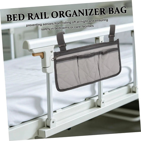 Bed Rail Organizer With Four Pockets And Cup Holder, Hanging Bedside Storage Caddy in gray fabric for caregivers and hospital use