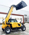 Top Shelf Heavy Duty Telescopic Handler With Seven To Eighteen Meter Smart Boom And Roomy Comfort Cab, side view with raised bucket.