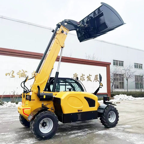 Top Shelf Heavy Duty Telescopic Handler With Seven To Eighteen Meter Smart Boom And Roomy Comfort Cab, side view with raised bucket.