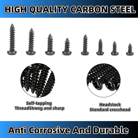 400 Piece M2 And M2.6 Black Self Tapping Truss Head Screw Assortment Kit With Phillips Drive For Eyeglass Frames Small Electronics And Tough As Nails Fixes That Get It Done showing various sizes and designs.