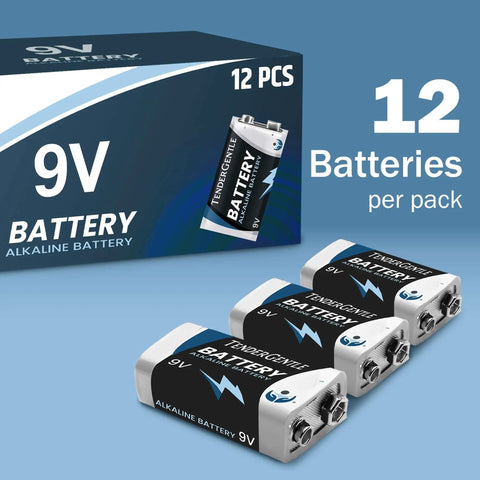 12 Pack 9 Volt Alkaline Batteries For Smoke Detectors Carbon Monoxide Alarms Security Systems And Walkie Talkies Plus Other Small Electronics Reliable Power Up For Home Office And Emergency Use, image of battery pack and individual batteries