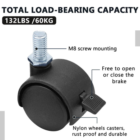 2-inch black plastic stem caster with M8 thread, brake lever, nylon wheel (front view)