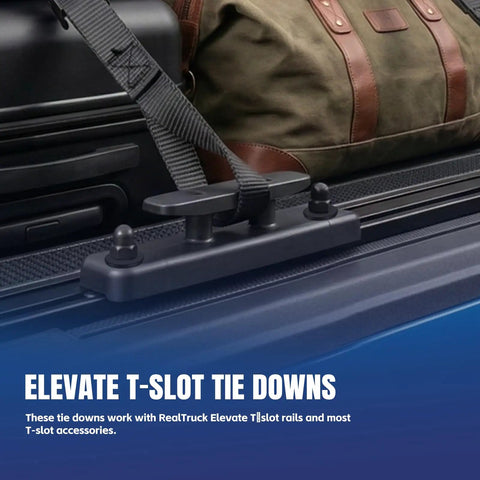Rack Tie Down Kit For T Slot Rails Four Pack With Beefy Cleats And Adjustable Bases securing cargo on truck rail