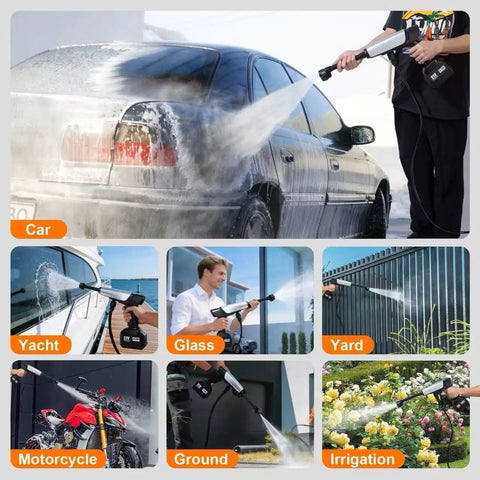 Various uses of Go To Battery Powered Cordless Pressure Washer With Ultra Portable Handheld Design on car, yacht, glass, and garden.
