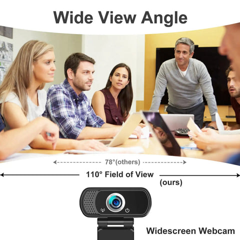 Kickass 1080P Full Hd Webcam With Built In Noise Reducing Microphone And Auto Light Correction For Dope Video Calls On Laptop Desktop Computer System Plug And Play Usb Interface showing 110 degree field of view.