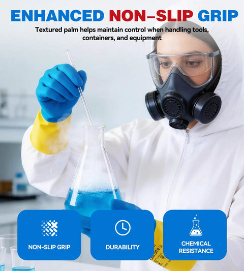 Hardcore Double Dipped Neoprene Rubber Chemical Gloves Built Like A Tank For Heavy Duty Acid Alkali Hazmat Protection Featuring Thick 28 Mil Construction Sensitive Dexterity And Non Slip Grip In Large Size, worn by a person, using lab equipment.